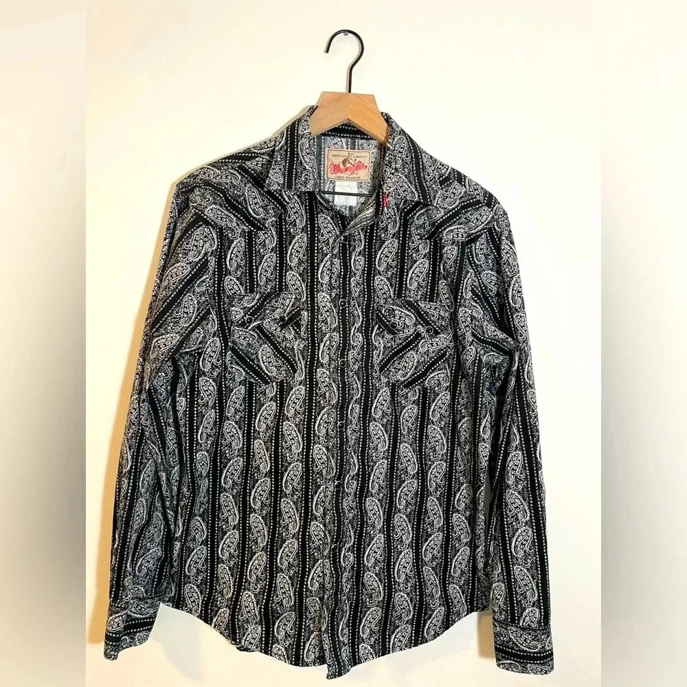 VTG Wrangler American Cowboy Paisley Pearl Snap Shirt Western Rodeo Black/White